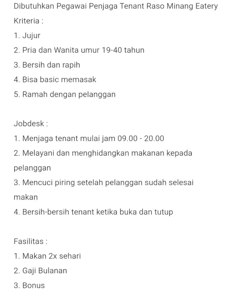 Lowongan pekerjaan karyawan tenant raso minang eatery