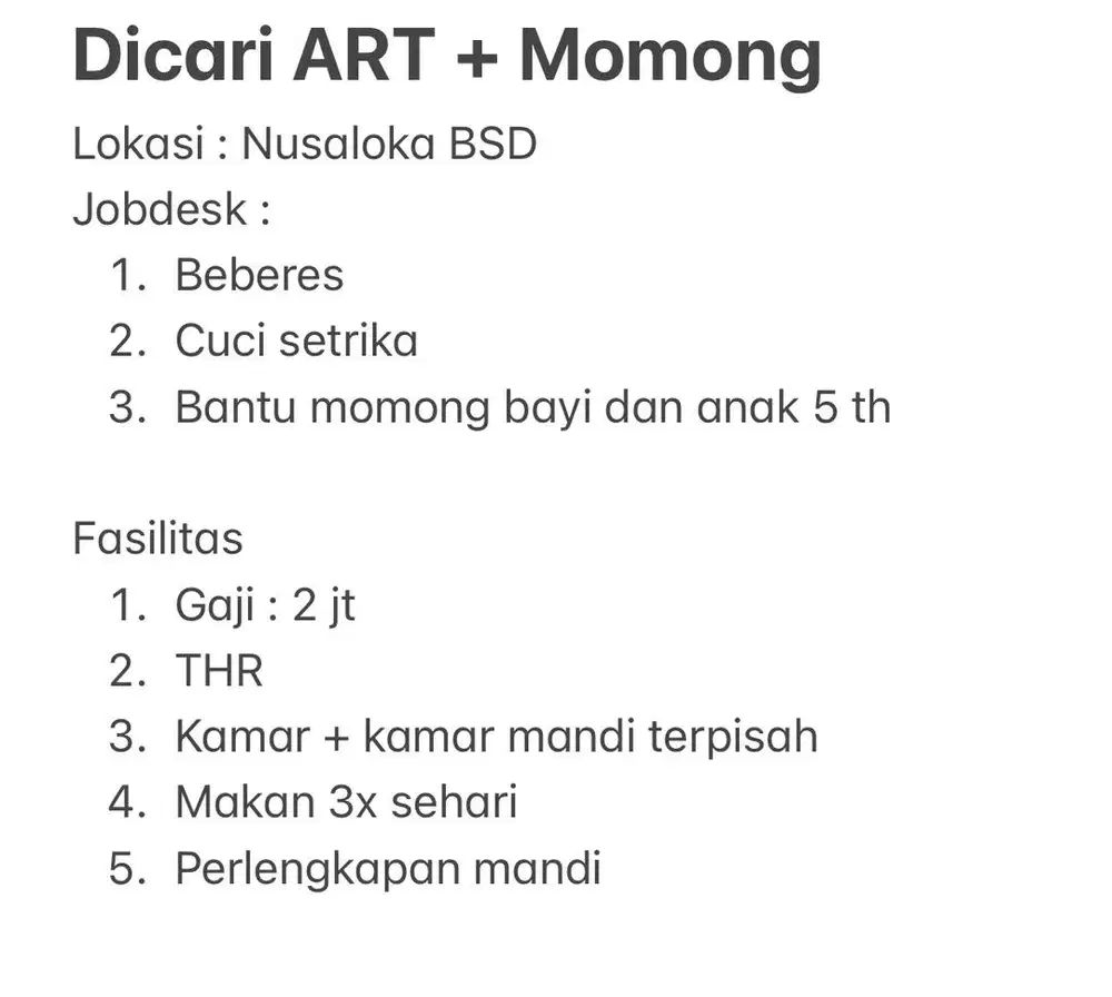 Dicari ART Serpong Menginap
