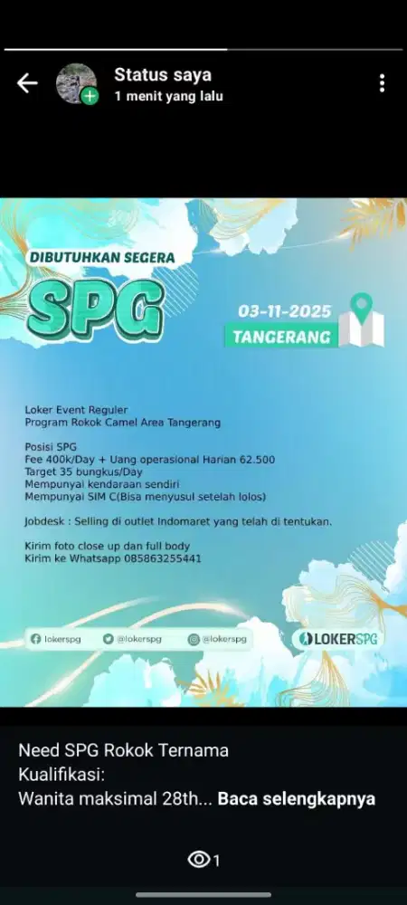Dibutuhkan SPG Rokok Ternama Area Tangerang