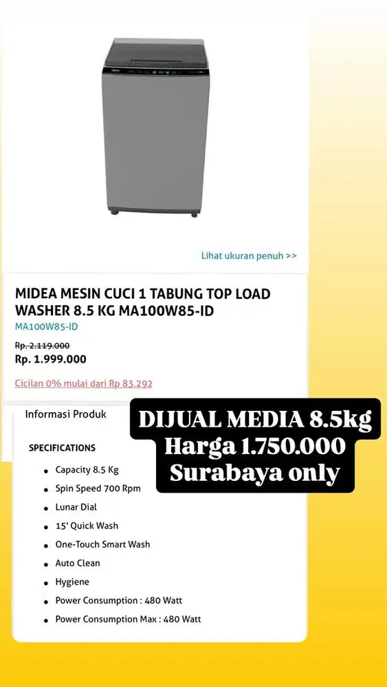 Midea mesin cuci 1 tabung top load washer 8.5kg