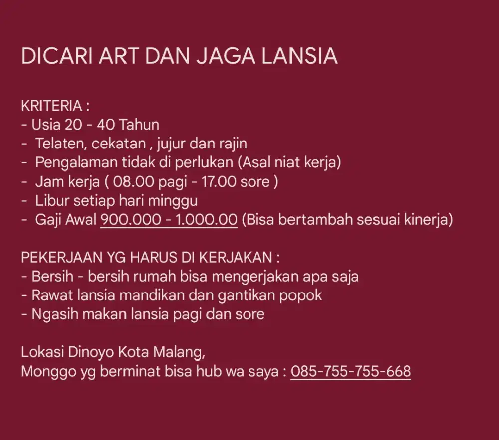Dicari ART Dan Penjaga Lansia