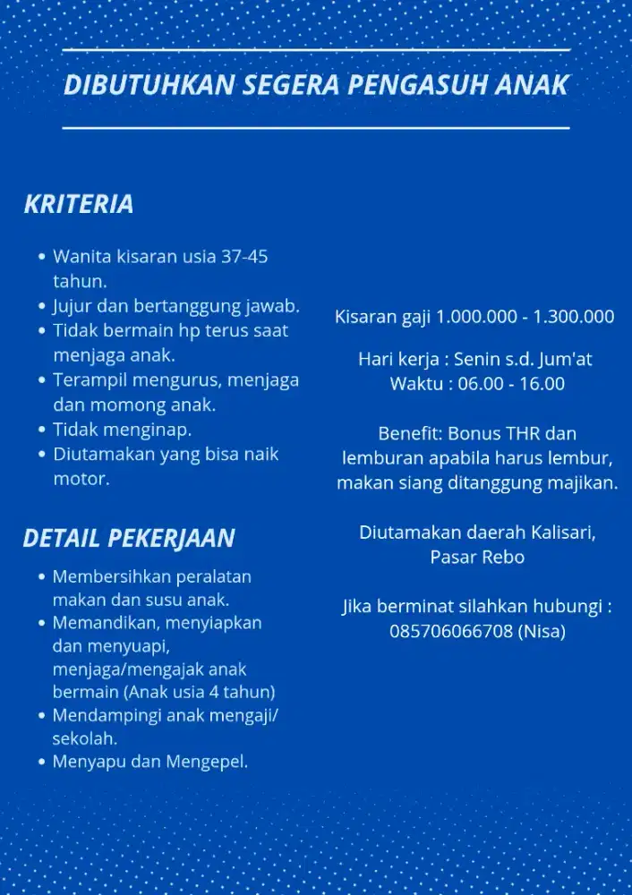 Dibutuhkan Pengasuh Anak