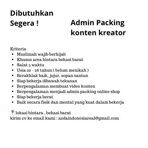 Bismillah Lowongan Kerja Admin Packing konten kreator
