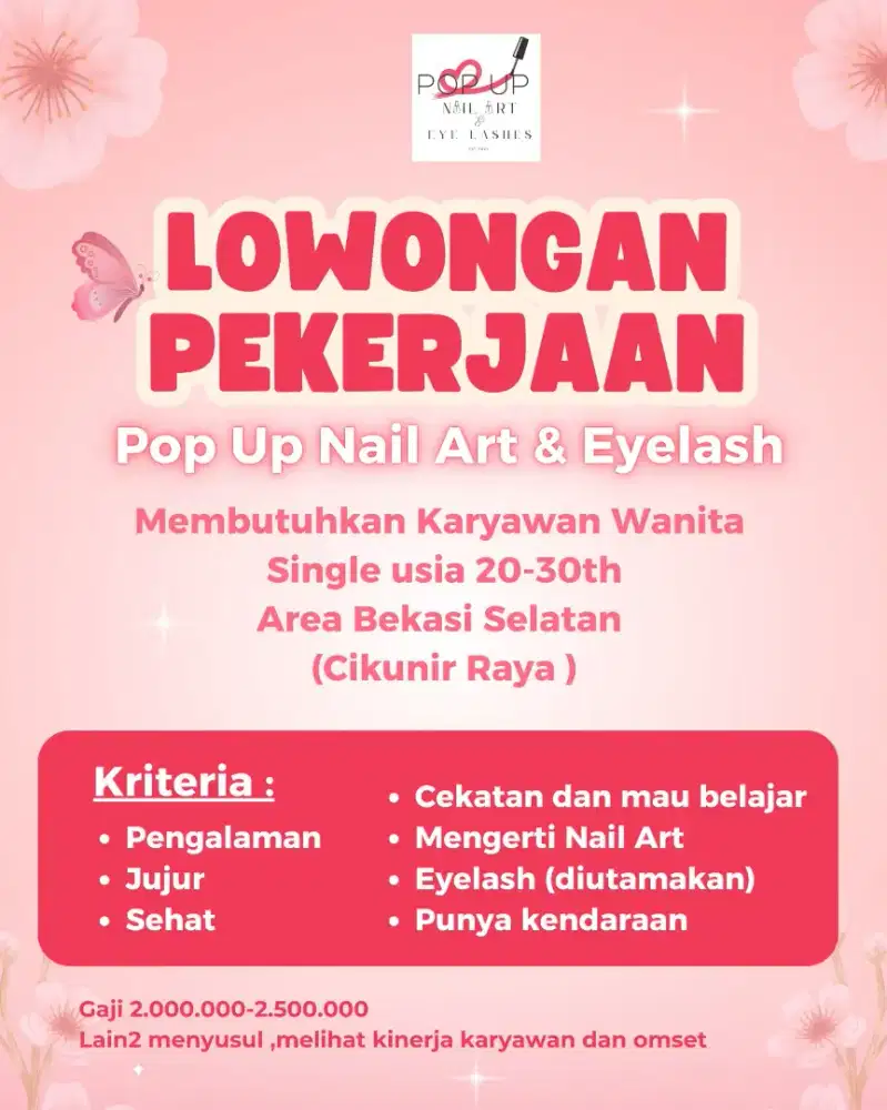 Dibutuhkan Karyawati Pop Nail Art & Eyelash