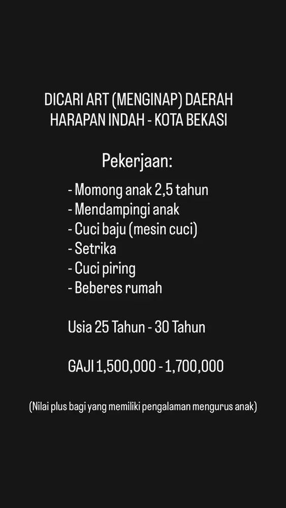 DICARI ASISTEN RUMAH TANGGA (ART)