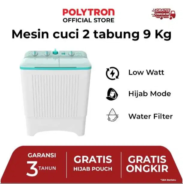 POLYTRON Mesin Cuci 2 Tabung Giant Series Hijab 9 KG - PWM 9076G