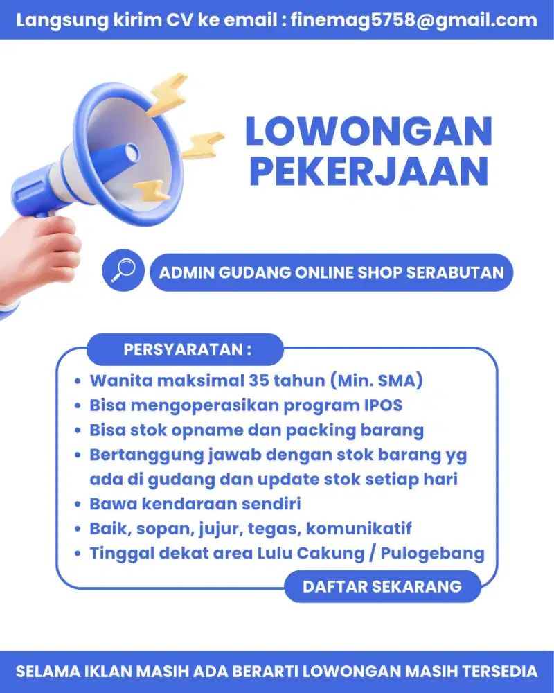 Lowongan admin gudang online shop