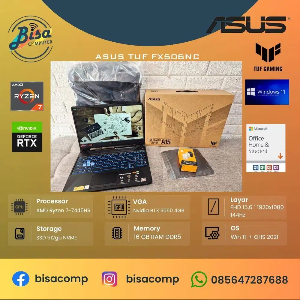Asus TUF A15 AMD ryzen 7-7445HS ssd 512gb ram 16gb ddr5 RTX 3050 4gb