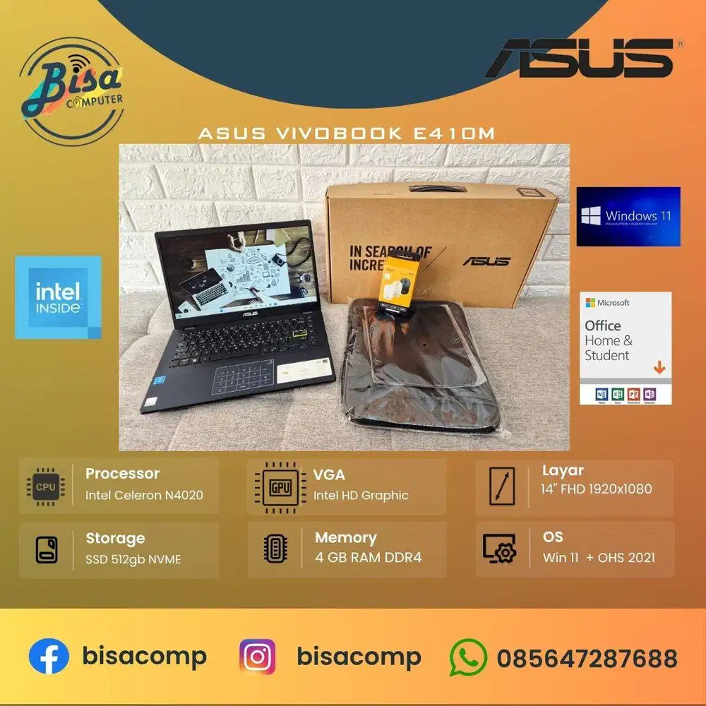 Asus Vivobook E410M Intel N4020 ssd 512gb ram 4gb