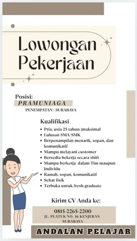 Dibutuhkan pramuniaga segera