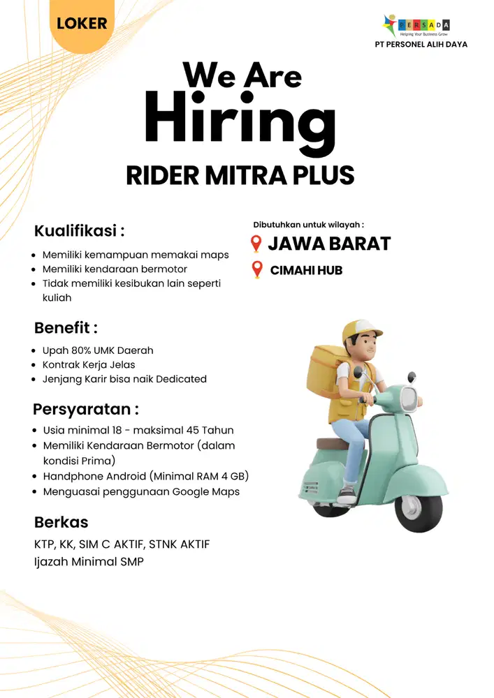 KURIR PAKET untuk penempatan di CIMAHI HUB (JAWA BARAT).