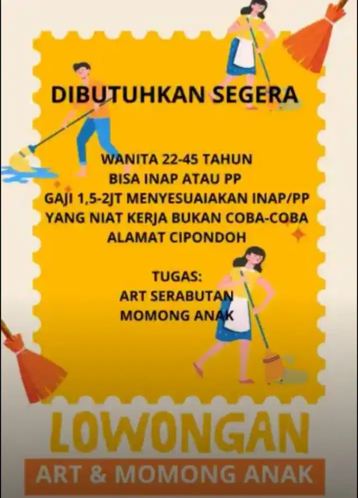 Dibutuhkan segera mengasuh anak usia 11 bulan (art serabutan)