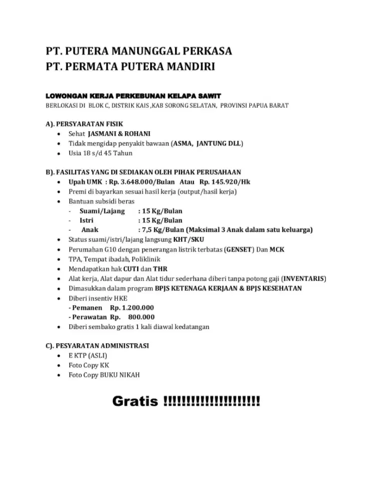 Loker Perkebunan Kelapa Sawit