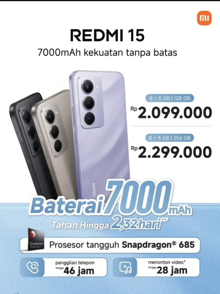 REDMI 15 8/256 BATRE 7000MAH TAHAN 2HARI