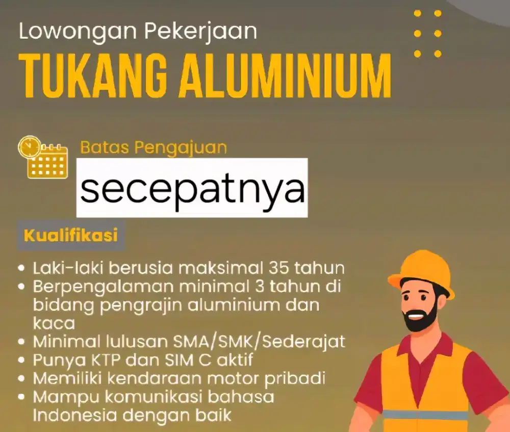 Dicari pengrajin aluminium