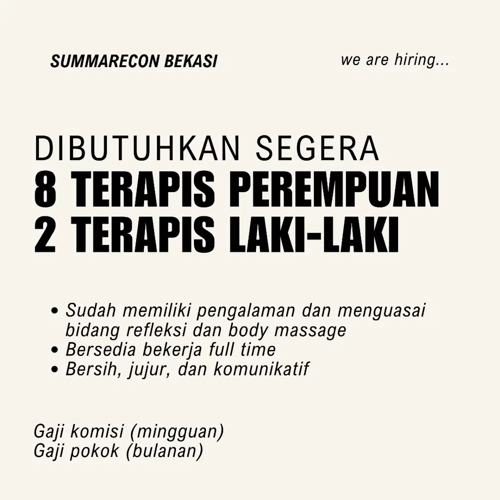 DIBUTUHKAN SEGERA TERAPIS PIJAT BERPENGALAMAN SIAP KERJA