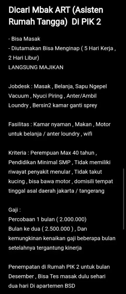 Dicari Mbak ART (Asisten Rumah Tangga)  Di PIK 2 MAJIKAN LANGSUNG