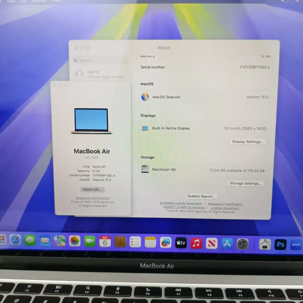 Macbook Air M1 layar 13 inch Ram 8 Ssd 128 Silver