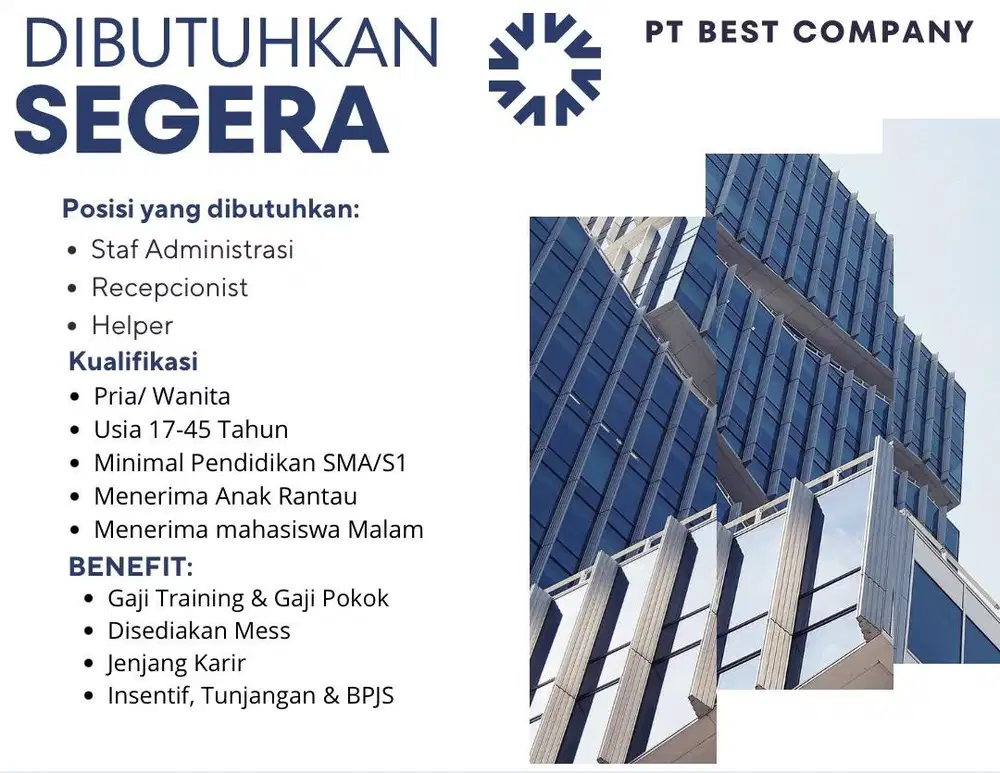 Lowongan Kerja STAF ADMIN,RECEPCIONIST,HELPER