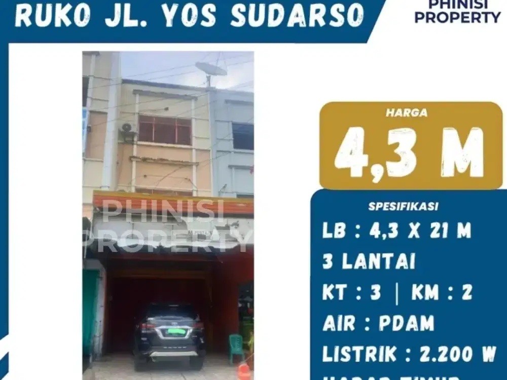 DIJUAL RUKO 3 LANTAI DI YOS SUDARSO CUMA 4,3 M