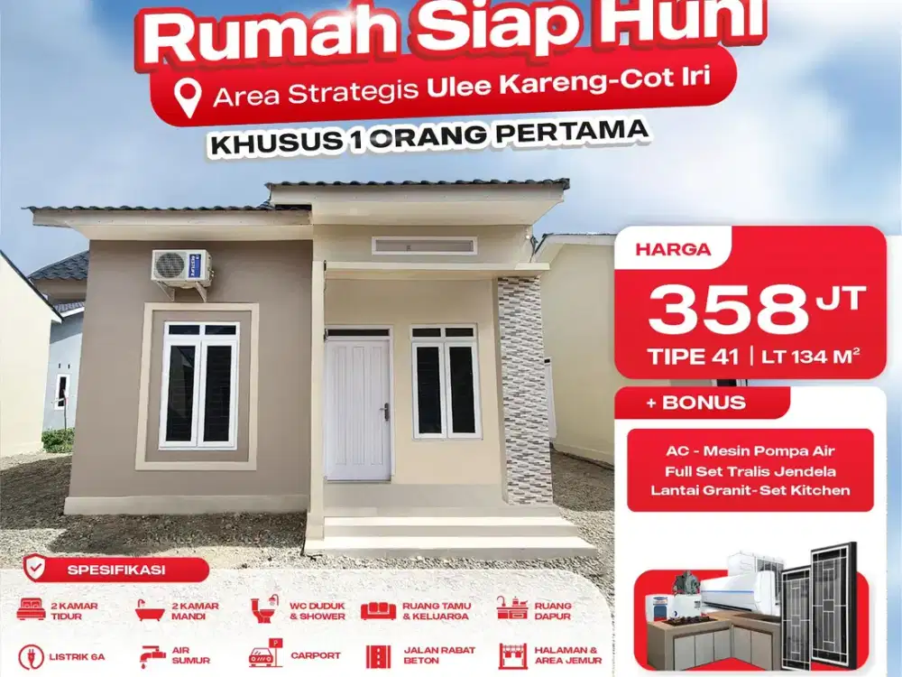 Jual Rumah Siap Huni Tipe 41 Punya 2 Kamar Tidur & 2 Kamar Area Strategis Cot Iri Ulee Kareng