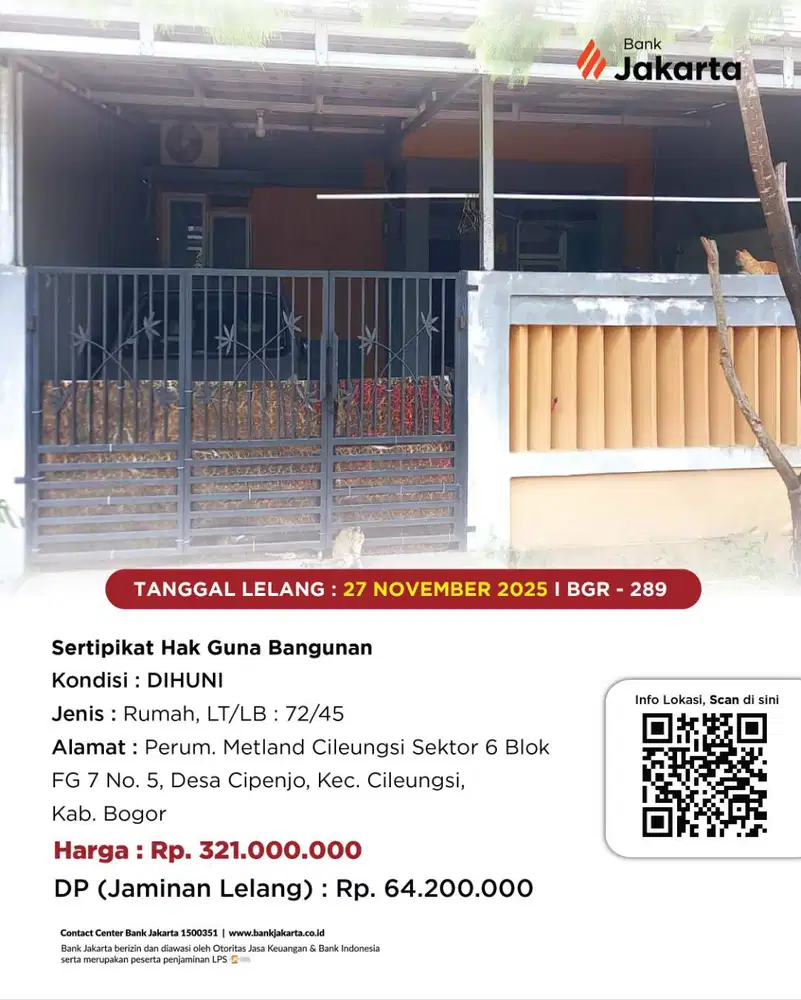 LELANG BANK DKI - DIJUAL VIA LELANG RUMAH METLAND CILEUNGSI SEKTOR 6