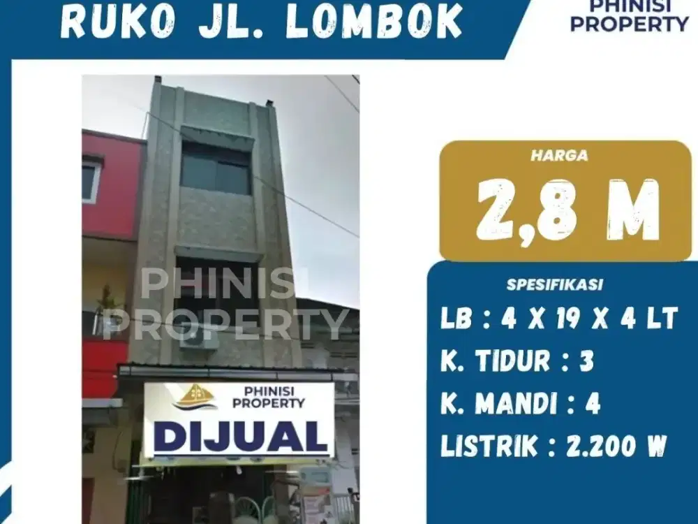 DIJUAL RUKO MURAH 4 LANTAI DI JALAN LOMBOK CUMA 2,8 M