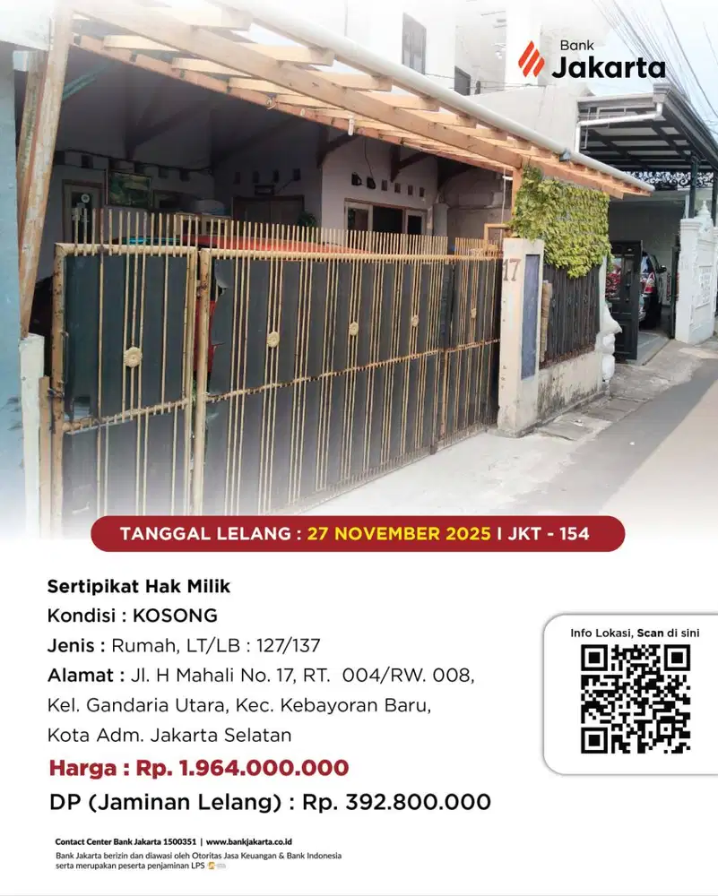 LELANG BANK DKI - DIJUAL VIA LELANG RUMAH JL. H MAHALI NO. 17