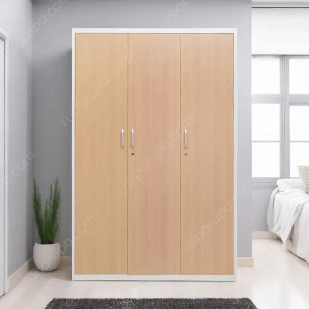 Selma Weslyn Lemari Pakaian Metal 3 Pintu – Putih / Cokelat Wood