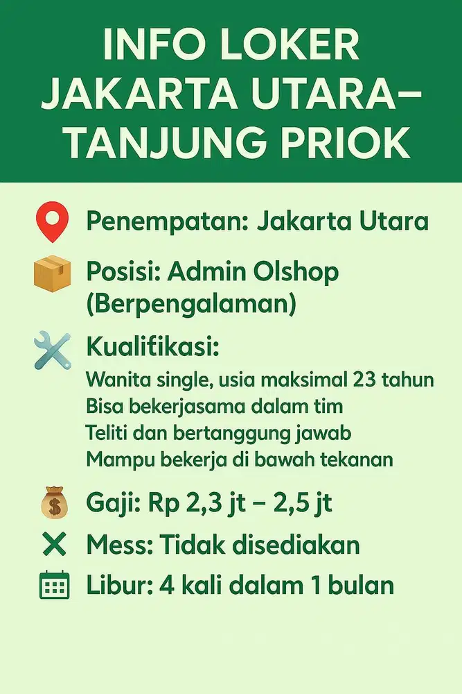 INFO LOKER ADMIN OLSHOP JAKARTA UTARA