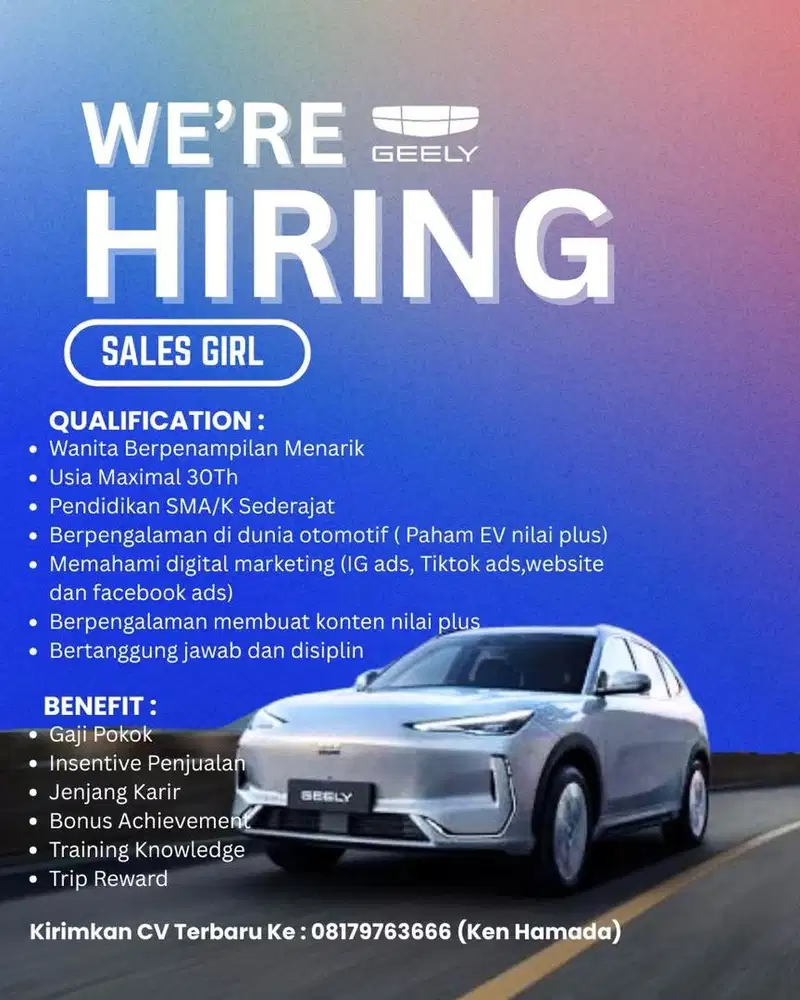 Dicari Sales Girl untuk Dealer Mobil Geely