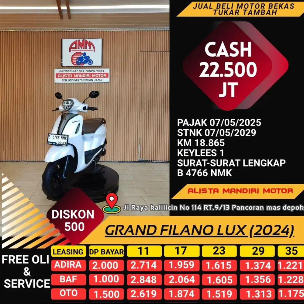 GRAND FILANO LUX 2024 PLAT TANGERANG DP 1JT CASH KREDIT KREDIVO CC 0%