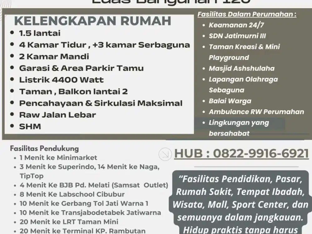 Rumah Impian 1M-an di Jatimurni, Bekasi Dapet Luas 180. Lingkungan Solid, Aman, Nyaman, Bersahabat, Lengkap