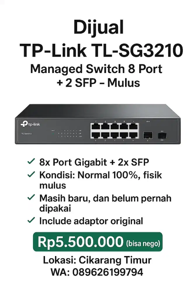 Switch TP-Link TL-SG3210 Managed 8 Port Gigabit + 2 SFP – Mulus!