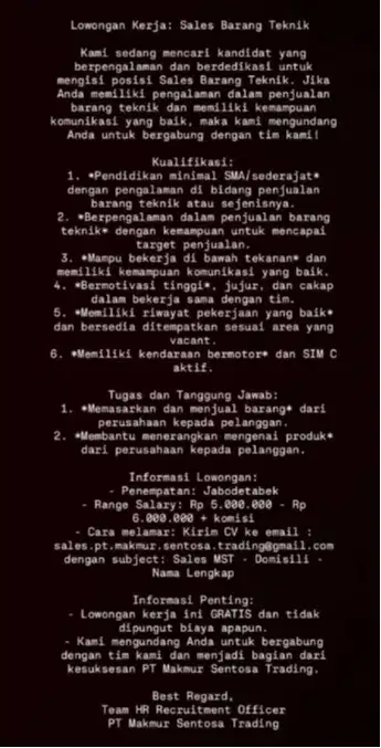 LOWONGAN KERJA SALES BARANG TEKNIK