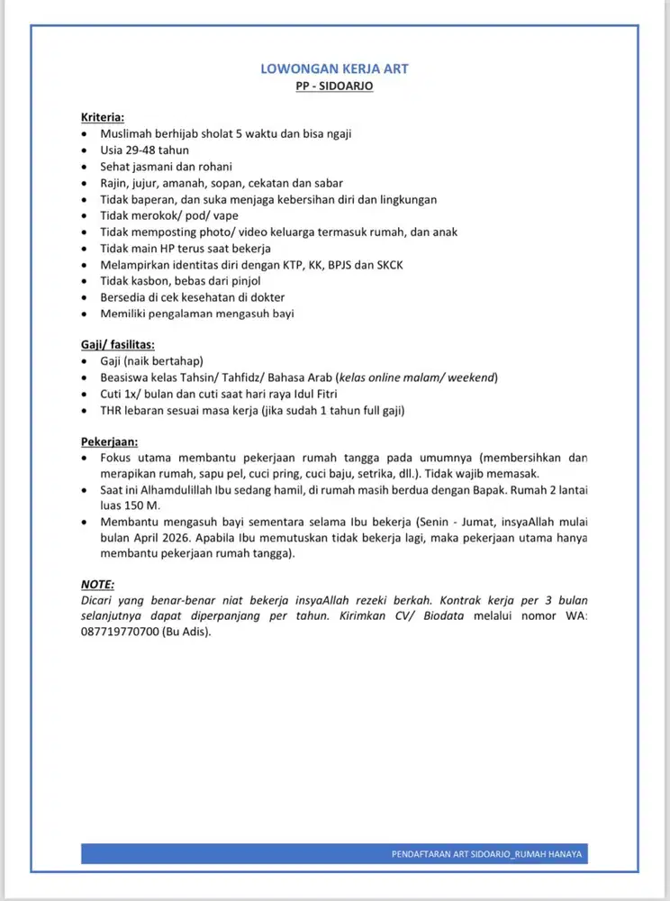 Lowongan ART PP - Sidoarjo, Jawa Timur