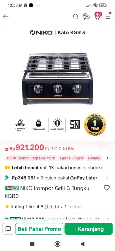 Kompor grill panggang 3 tungku NIKO