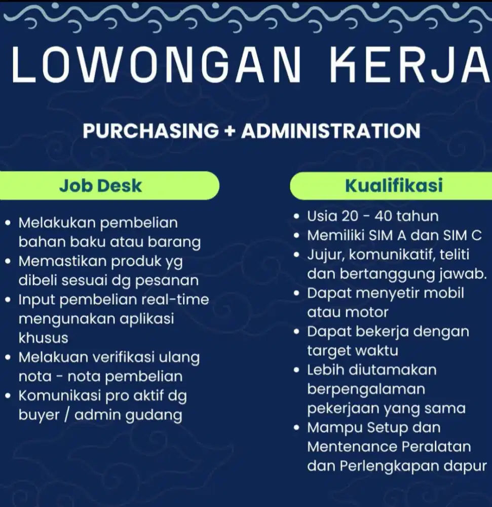 loker purchasing dan admin untk dapur MBG