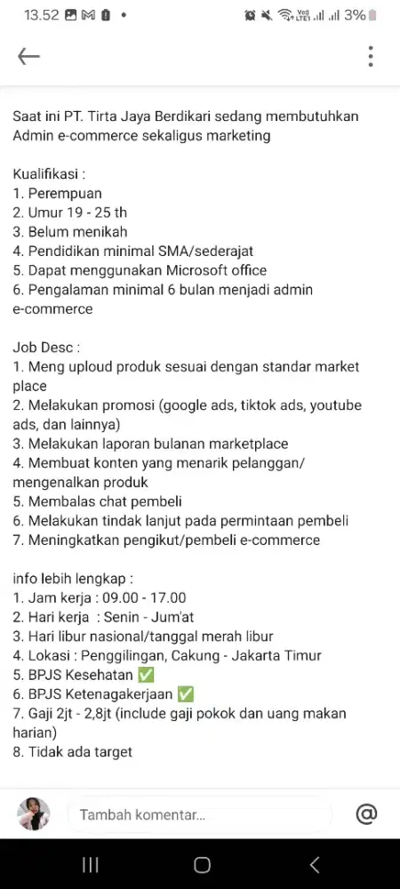 Lowongan Kerja Admin E-commerce