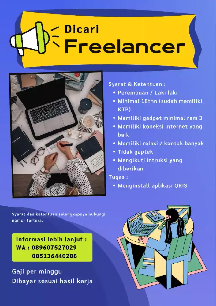 Dibutuhkan secepatnya freelancer pria / wanita