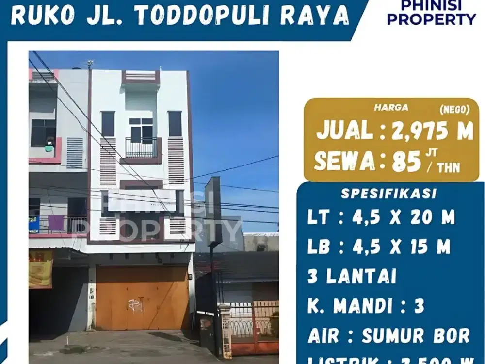 DIJUAL / DISEWAKAN RUKO 3 LANTAI DI AREA TODDOPULI RAYA LOKASI STRATEGIS DAN AKESE KEMANA-MANA SERBA DEKAT
