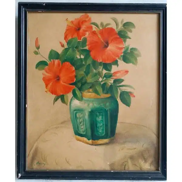 Lukisan antik Cat minyak Bunga KEMBANG SEPATU DAN VAS TUA