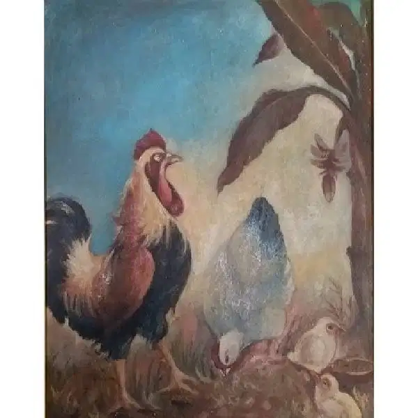 Lukisan antik SEPASANG AJAM DAN ANAKNYA karya Maestro Pelukis Djawa