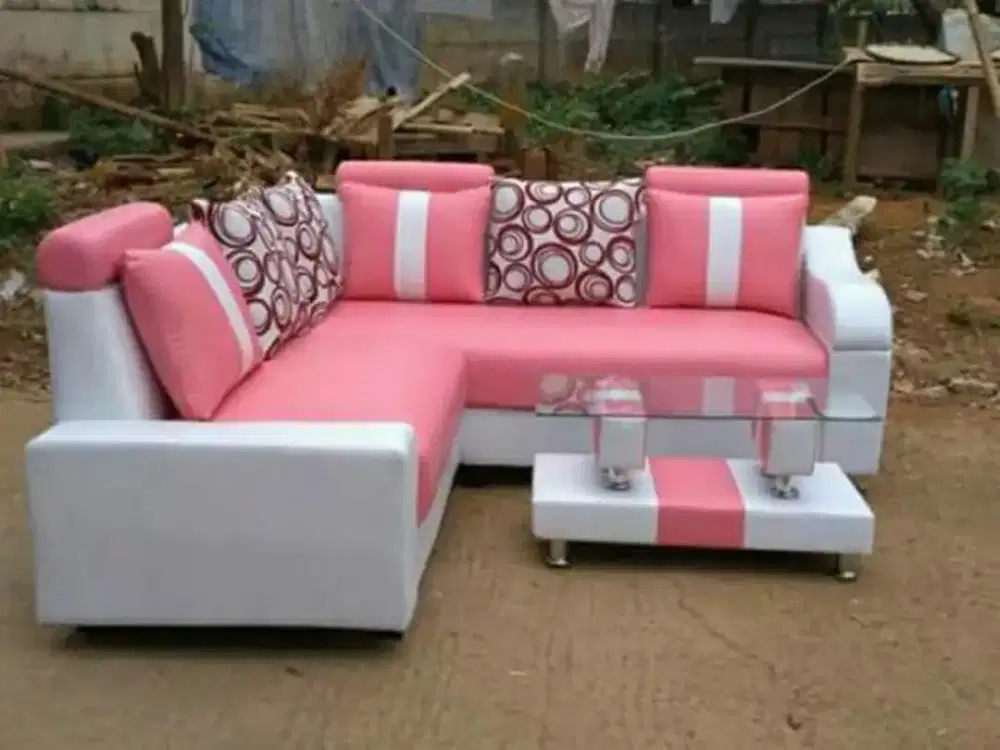 Erafurniture*sofa L New TAMARA pink-putih kain kulit+MEJA+BANTAL