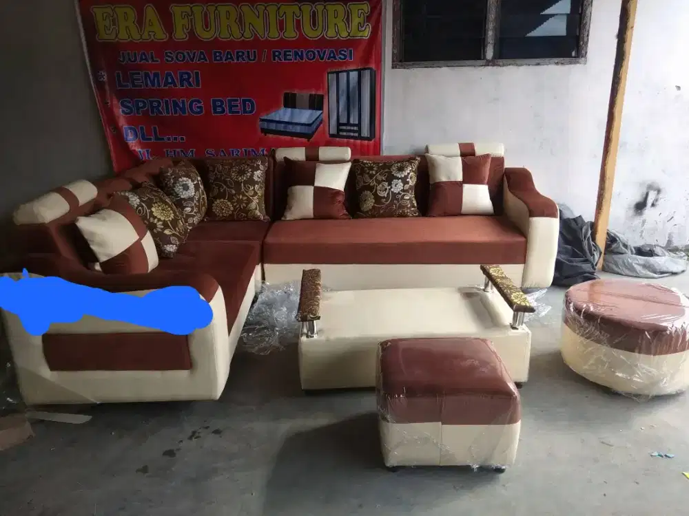 Erafurniture*sofa L New LUTOS coklat-cream kulit-baldu+bantal+meja+PUF