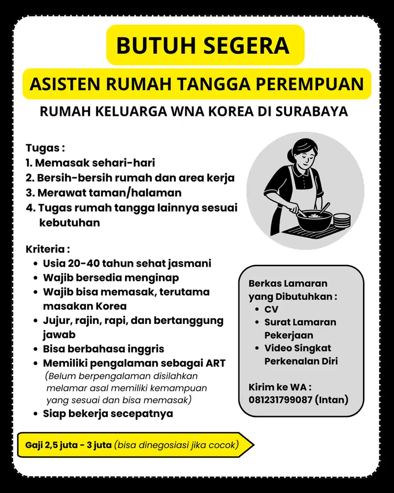 LOWONGAN KERJA ASISTEN RUMAH TANGGA PEREMPUAN