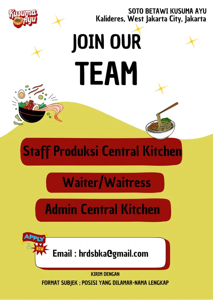 Lowongan kerja admin, waiters, staff produksi central kitchen