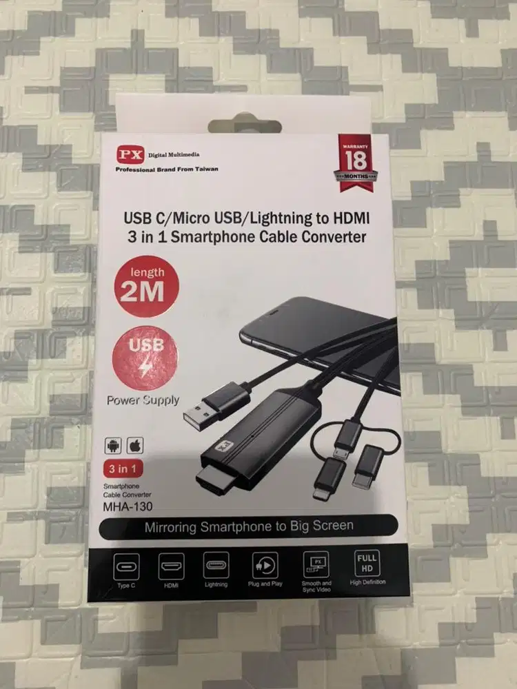Kabel HDMI ke Type C USB/Micro/Lightning Converter 3in1 2M PX MHA-130