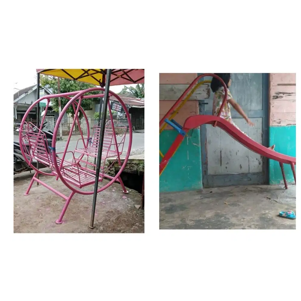 Perosotan, ayunan, jungkat jungkit, playground, mangkok putar dll