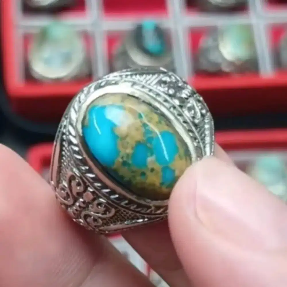 Cincin perak pirus persia biru fancy serat emas